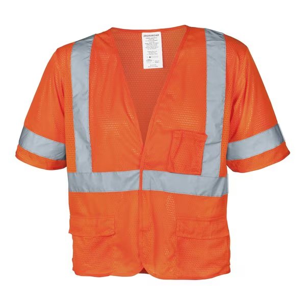 Flame-Retardant Polyester Mesh Vest Class 3 w/ 5 Pockets (Orange/Large), Ironwear, Mfr#: 1294FR-O-L