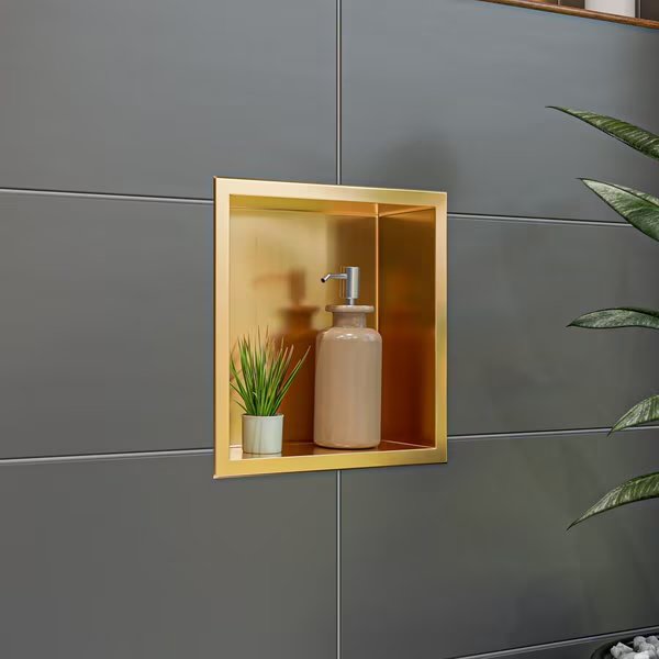 12" x 12" Brushed Gold PVD Stainless Steel Square Single Shelf Shower Niche, Alfi Brand, Mfr#: ABNP1212-BG