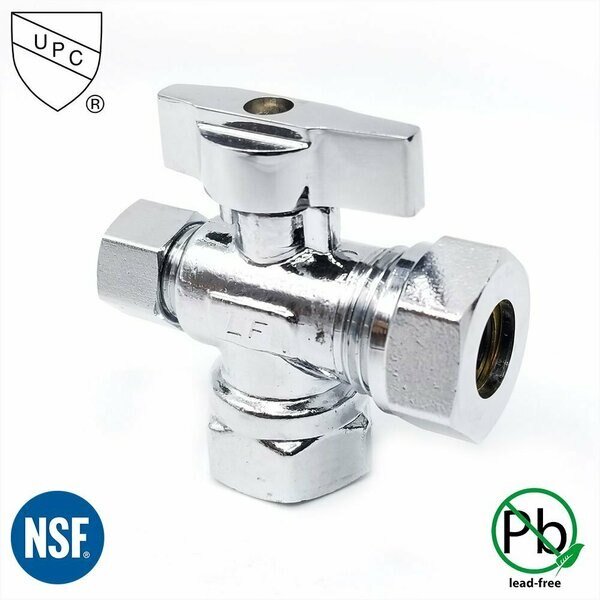 1/2 Inch FIP x 1/2 Inch Slip Joint x 3/8 Inch Comp Quarter Turn Brass  Angle Stop Valve, Thrifco Plumbing, Mfr#: 4406484