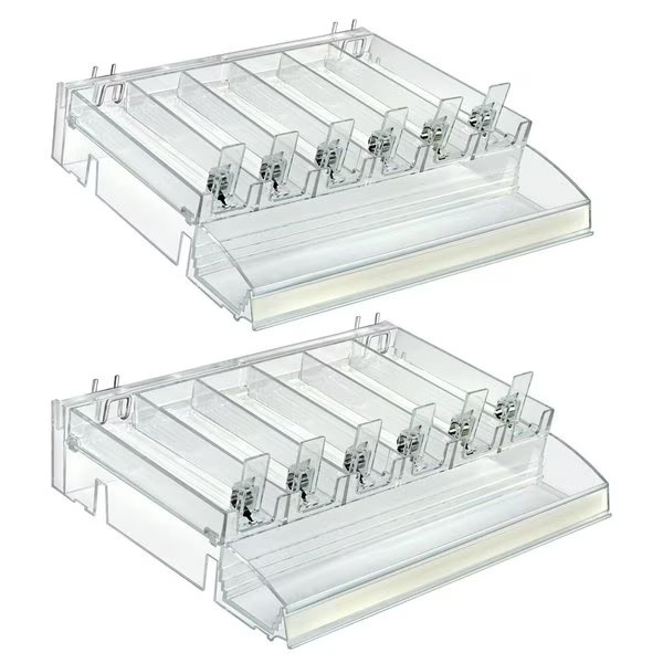Clear 6 Compartment Divider Bin Cosmetic Tray with Tester Tray on Front and with Pushers, 2-Pack, Azar Displays, Mfr#: 225840-TESTER-6COMP-2PK