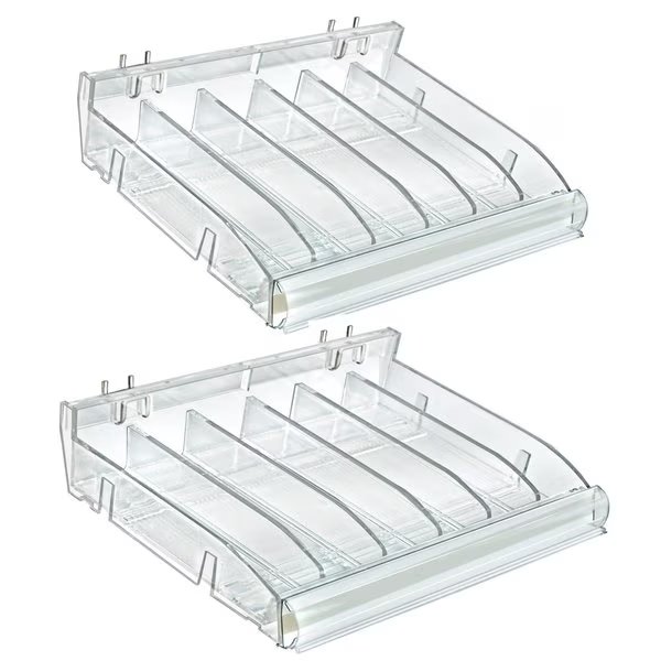 Adjustable Divider Bin Cosmetic Tray, Gravity Feed Hangs 104 Degrees from the Wall, Clear, 2-Pack, Azar Displays, Mfr#: 225899-DIVIDER-2PK