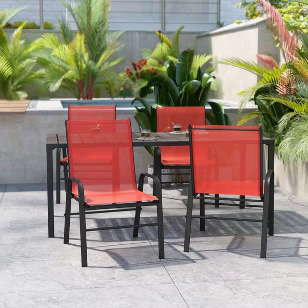 Red Outdoor Stack Chair w Flex Material, 4PK, Flash Furniture, Mfr#: 4-JJ-303C-RD-GG