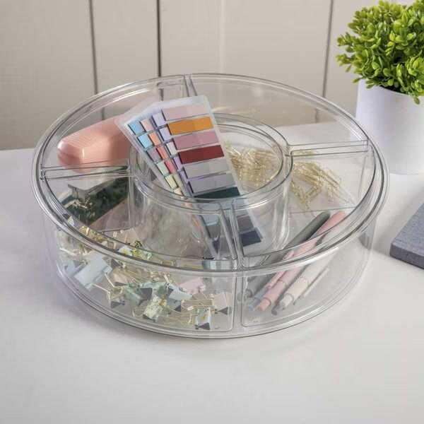 Brody Divided Lazy Susan Organizer W/ 5 Removable Bins, 360° Rotating Desk Organizer, 12in, Clear, Martha Stewart, Mfr#: BE-PB5503-CLR-MS