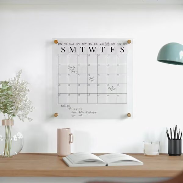 Grayson Acrylic Dry Erase Wall Calendar w/Dry Erase Marker and Mntng Hrdwr, 14in. Sq, Clr w/Blk Prnt, Martha Stewart, Mfr#: BR-AC-3636-BK-CLRBK-MS