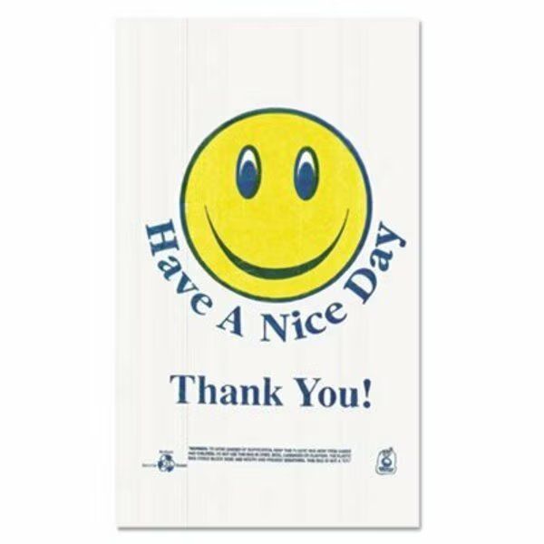 BarnesPape, SMILEY FACE SHOPPING BAGS, 12.5 MICRONS, 11.5in X 21in, WHITE, 900/CARTON, PK900, Brown Paper Goods, Mfr#: T16SMILEY