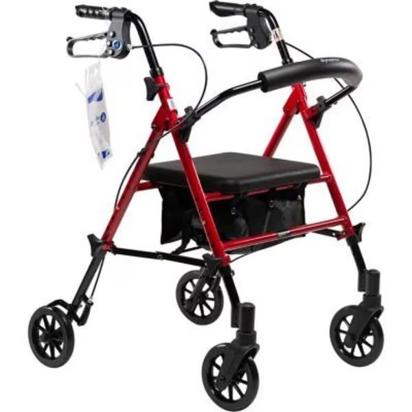 Dynarex DynaGo Flex Rollator W/ Adjustable Seat Height & Detachable Caster, Red, Dynarex, Mfr#: 10204