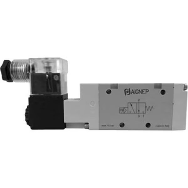 Aignep USA 3/2 Closed Single Solenoid Valve, Pilot/Spr Return 1/8 NPTF, 12V DC/3W Coil, LED Conn., Alpha Technologies, Mfr#: 01VS03NC02N0102