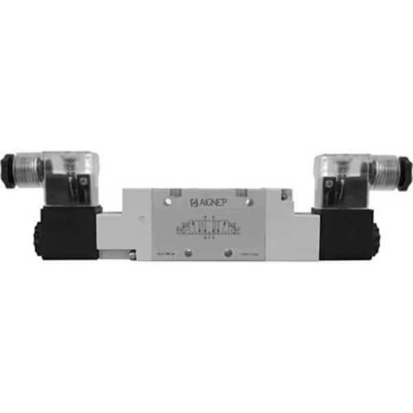 Aignep USA 5/3 Dbl Solenoid Valve, Pilot/Spring Cntr Closed Cntr 1/8 NPTF, 12V DC/3W Coil, LED Conn., Alpha Technologies, Mfr#: 01VS07CC02N0102