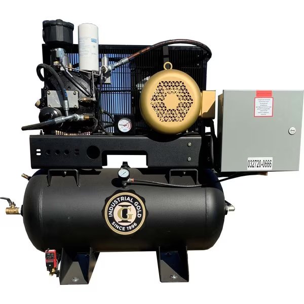 10hp, 3 phase, 460-480V, Open Frame, 30 Gallon Horzontal Tank 200PSI, Industrial Gold, Mfr#: R103H33-480