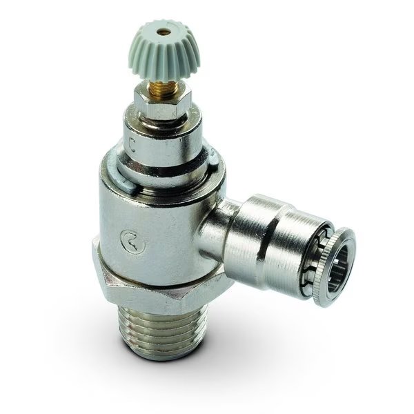 Flow Control Valve, Nickle-Plated Brass, Right Angle, Buna-N Seals, Unidirectional, 5/16