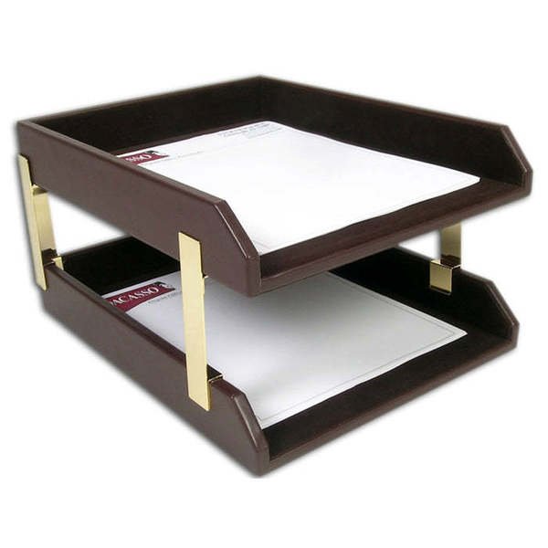 Chocolate Brown Leather Double Legal-Size Trays, Dacasso, Mfr#: AG-3421