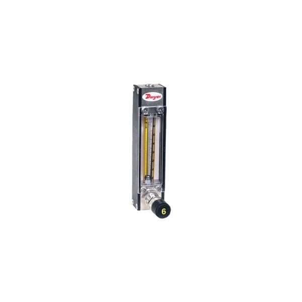 Variable area flowmeter, glass float, flow rate 49 SCFH 23169 ml/min air, 8.27 GPH 522 ml/min water, Dwyer Instruments, Mfr#: VA15421