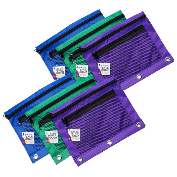 Pencil Pouch, 2 Pocket with Mesh Front, Assorted, PK6, Charles Leonard, Mfr#: 76359