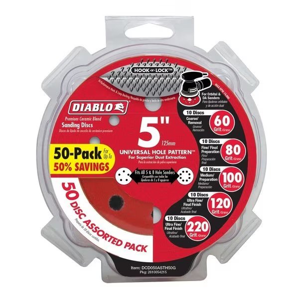 Hook and Lock 5 in. L X 5 in. W Ceramic Blend Assorted Drywall ROS Disk, Diablo, Mfr#: DCD050ASTH50G