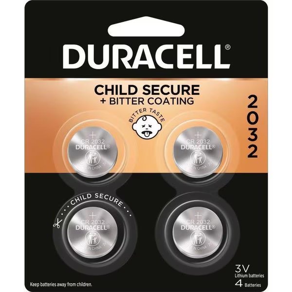 Lithium 2032 3 V 225 Ah Security and Electronic Battery 4 pk, Duracell, Mfr#: DL2032B4PK