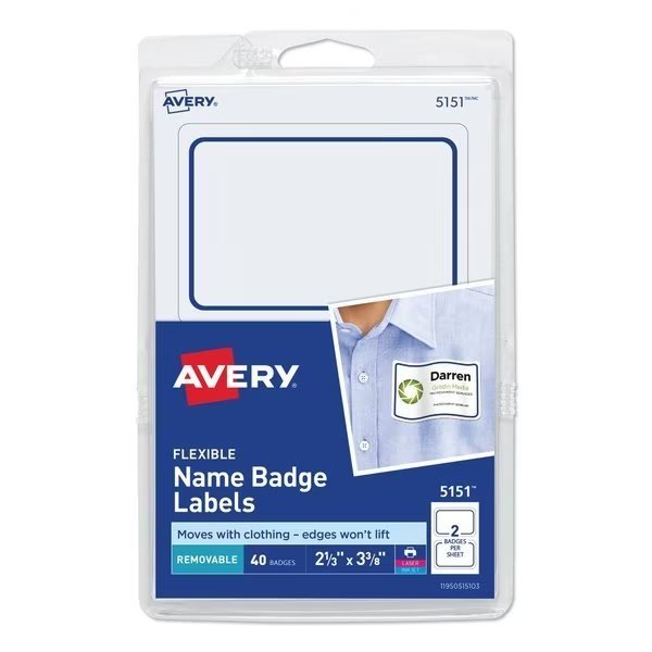 Flexible Adhesive Name Badge Label, 3.38x2.33, White/Blue Border, PK40, Avery, Mfr#: 05151