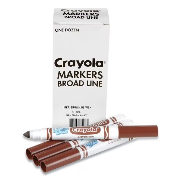 Broad Line Washable Markers, Broad Bullet Tip, Brown, 12PK, Crayola, Mfr#: 58-7800-007