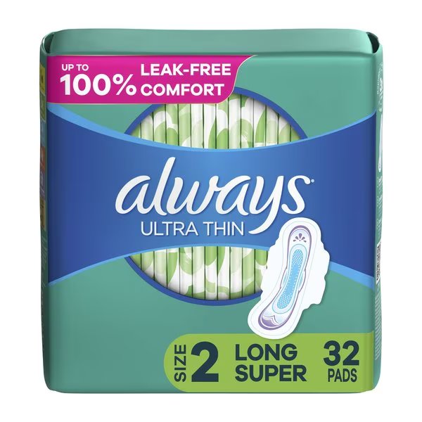 Ultra Thin Pads with Wings, Size 2, Long, Super Absorbent, PK32, Always, Mfr#: 97020PK