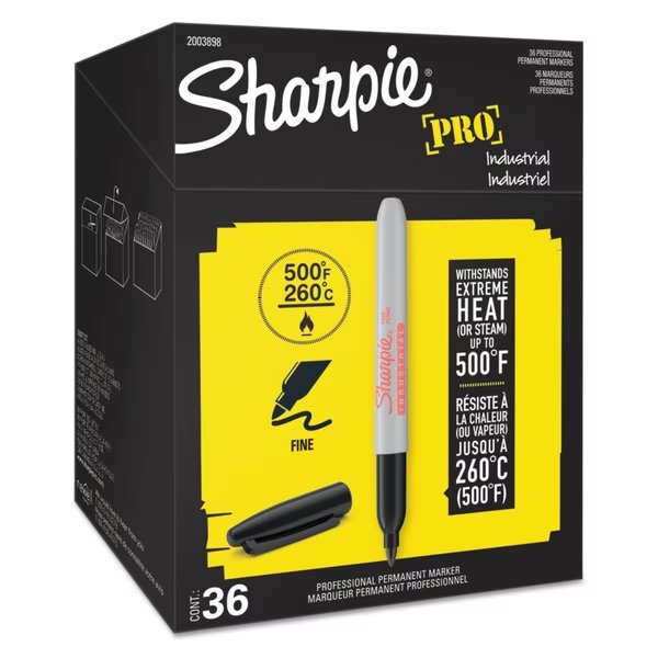 Industrial Permanent Marker, Fine Bullet Tip, Black, PK36, Sharpie, Mfr#: 2003898