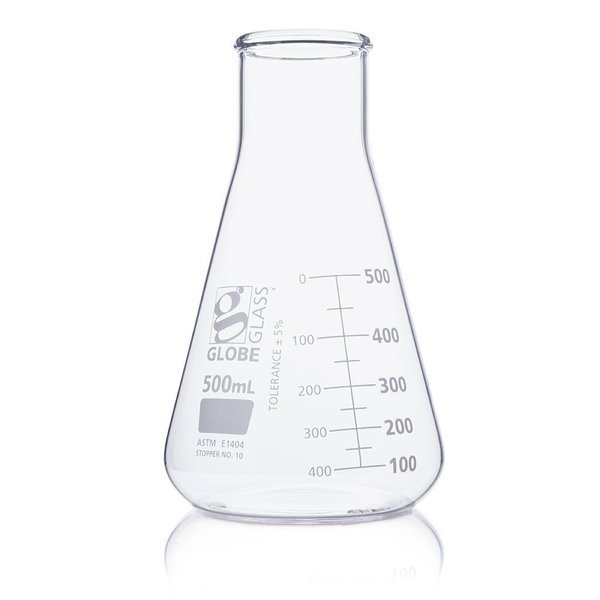 Flask, Erlenmeyer, Globe Glass, 500mL, Wide Mouth, Dual Graduations, ASTM E1404, 6/Box, Globe Scientific, Mfr#: 8410500