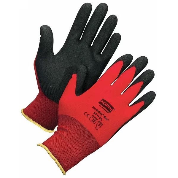 Foam Nitrile Coated Gloves, NorthFlex Red, Palm Coverage, Abrasion Level 4, Red/Gray, L, 1 Pair, Honeywell North, Mfr#: NF11/9L
