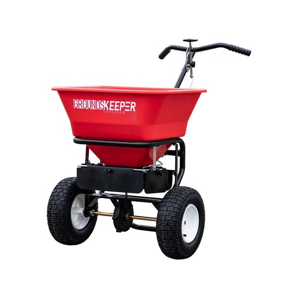 100 lbs Cap Spinner Walk Behind Spreader For Ice Melt & Rock Salt, Up to 4 ft Spread, Fixed T Handle, Buyers Products, Mfr#: 3042650