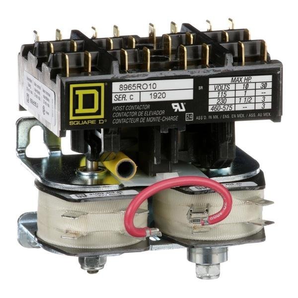 Contactor, 8965RO, hoist, reversing, 3HP at 480VAC, 3 phase, 120VAC coil, quick connect terminals. open style, bulk pack, Square D, Mfr#: 8965RO10V02Y181