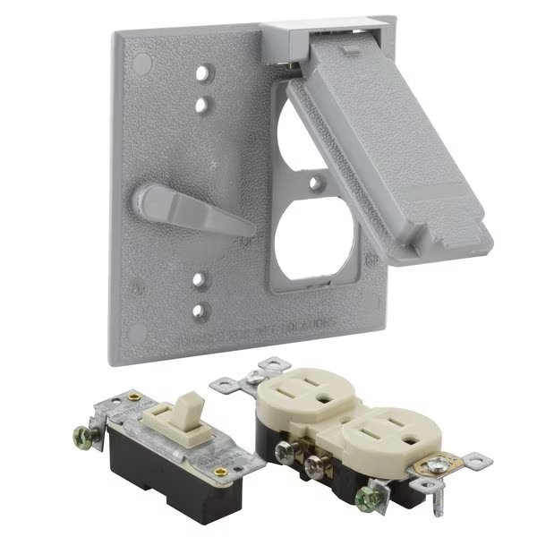 Electrical Box Cover, Outlet Box Type, 2 Gang(s), Square, Aluminum, Toggle Switch Cover, Bell Outdoor, Mfr#: 5166-0WRTR