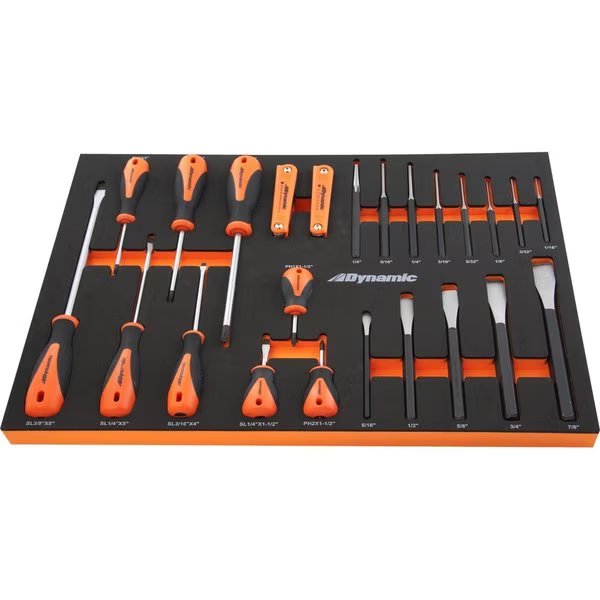 25Pcs Screwdriver, Hex Key, Punch & Chisel Set W/ Foam Tool Organizer, Dynamic, Mfr#: D096004-FT4T