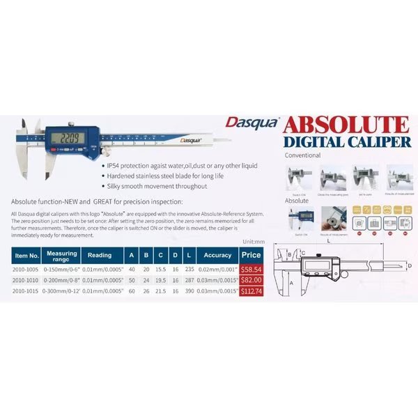 Dasqua 0-150mm/0-6" Absolute Digital Caliper, H & H Industrial Products, Mfr#: 2010-1005