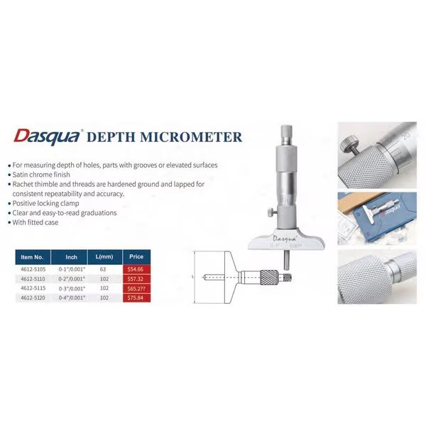 Dasqua 0-1" Depth Micrometer, H & H Industrial Products, Mfr#: 4612-5105