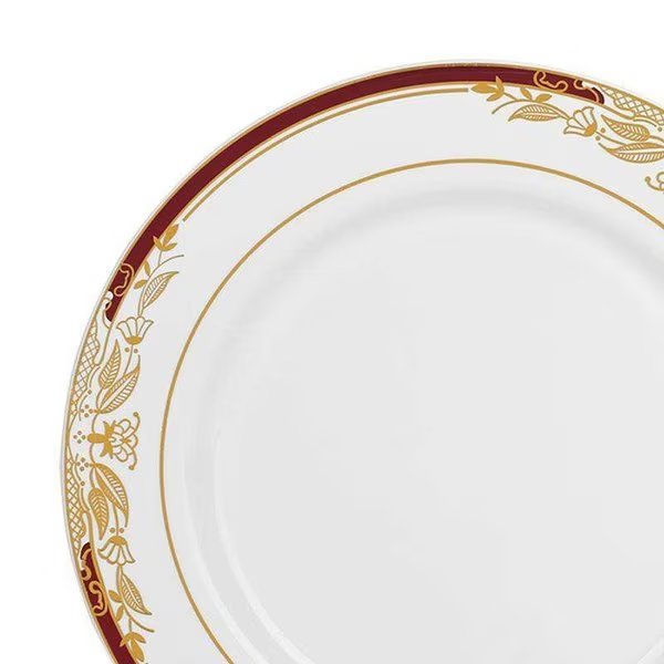 10.25" White with Burgundy and Gold Harmony Rim Plastic Dinner Plates (120 plates), 120PK, Smarty Had A Party, Mfr#: 640BG-CASE