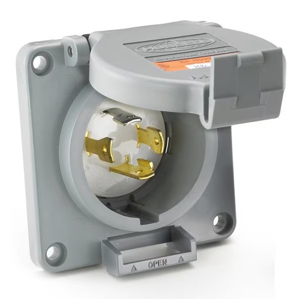 Locking Devices, Twist-Lock®, Industrial, Reversed Service Flanged Inlet, 30A 125/250V, 3-Pole 4-Wire Grounding, L14-30P, Screw Terminal, Gray, Hubbell Wiring Device-Kellems, Mfr#: HBL2715SWR