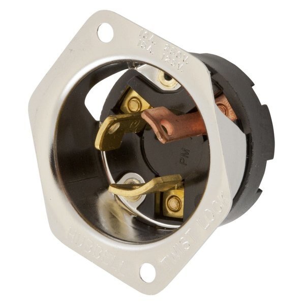 Locking Devices, Twist-Lock®, Industrial, Flanged Inlet, 10A 250V/15A 125V, 3-Pole 3-Wire Non Grounding, Non-NEMA, Screw Terminal, Steel, Hubbell Wiring Device-Kellems, Mfr#: HBL7556