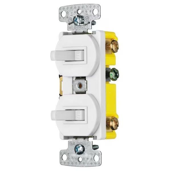 Switches and Lighting Controls, Combination Devices, Residential Grade, 1) Single Pole Toggle, 1) Three Way Toggle, 15A 120V AC, Self Grounding , Side Wired, White, Hubbell Wiring Device-Kellems, Mfr#: RC103W