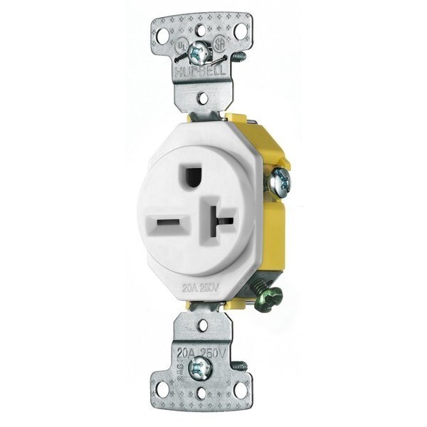 TradeSelect, Straight Blade Devices, Residential Grade, Receptacles, Single, 20A 250V, 2-Pole 3-Wire Grounding, 6-20R, Self Grounding, White, Hubbell Wiring Device-Kellems, Mfr#: RR205W