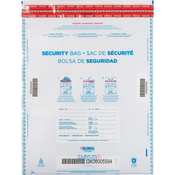 FraudStopper Tamper Evident Deposit Bag, 15W x 20H, Clear, 100PK, Global Industrial, Mfr#: 320839