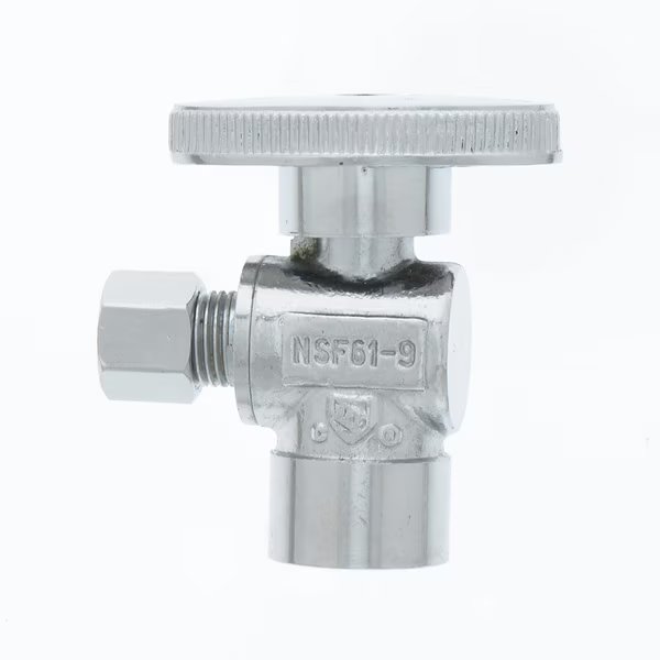 1/2" SWT x 1/4" OD Chrome Plated Quarter Turn Supply Stop, Angle, Jones Stephens, Mfr#: S10418