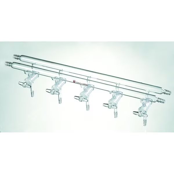 MANIFOLD, HIGH VACUUM SOLID GLASS STOPCOCKS, 4 PORT, 375mm., Synthware, Mfr#: M250004