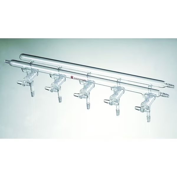 MANIFOLD, HIGH VACUUM SOLID GLASS STOPCOCKS, 5 PORT, 450mm., Synthware, Mfr#: M280005