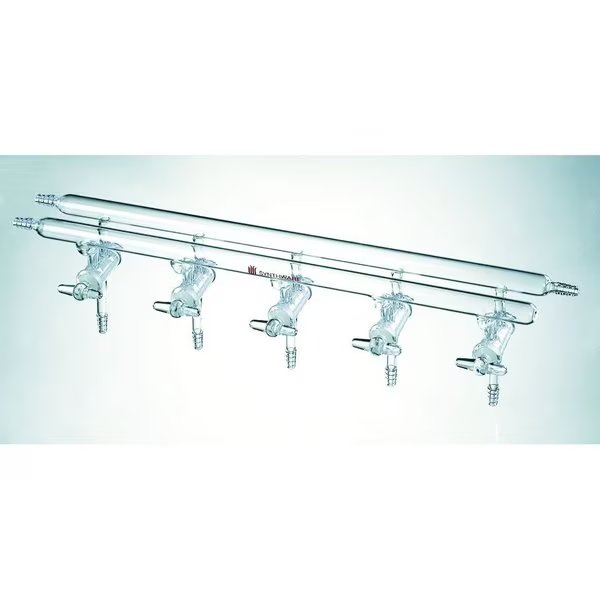 MANIFOLD, HIGH VACUUM SOLID GLASS STOPCOCKS, 5 PORT, 450mm., Synthware, Mfr#: M290005
