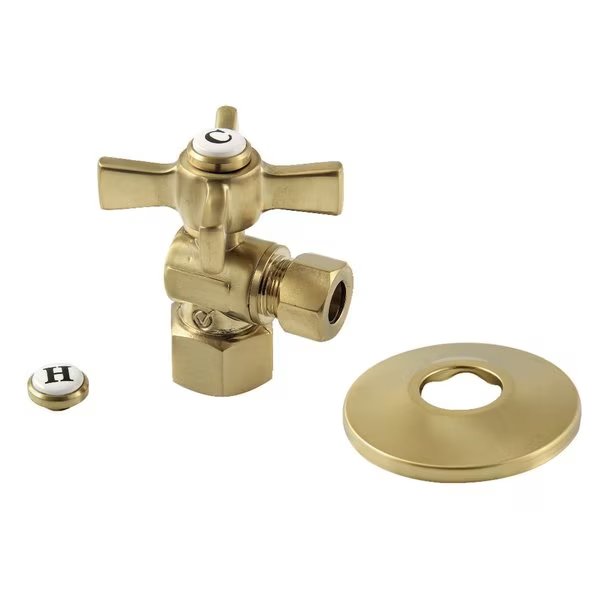12Inch FIP x 38Inch OD Comp QuarterTurn Angle Stop Valve with Flange, Brushed Brass, Kingston Brass, Mfr#: CC43107ZXK