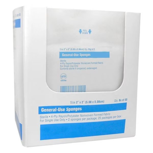 Non-Woven Gauze Sponges, 2in x 2in, 4 Ply in 2s, Sterile, 25 Per Pack, 2 Packs, Oasis, Mfr#: 224STRLX2