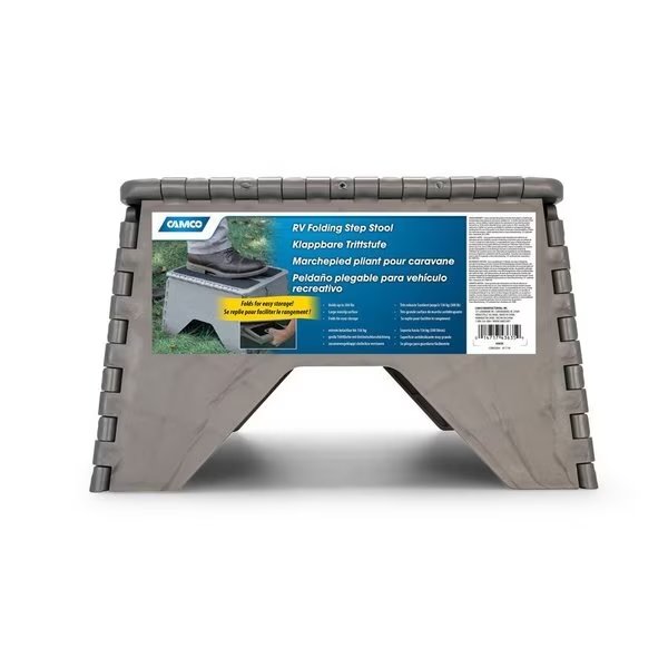 STEP STOOL, PLASTIC, FOLDING W/NON SKID, SILVER MULTILINGUAL, Camco, Mfr#: 43635