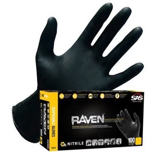 Raven, Nitrile Disposable Gloves, Textured, 7 mil Palm, Nitrile, Powder-Free, M, 100 PK, Black, Sas Safety, Mfr#: SA66517