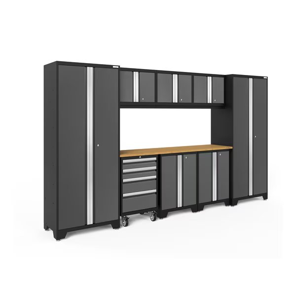 Bold Series 9 Piece Garage Cabinet Set with Bamboo Top, Gray, Newage Products, Mfr#: 50408