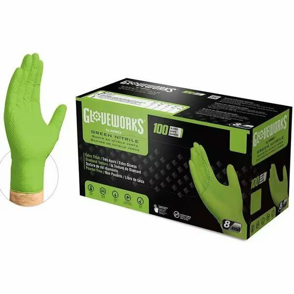 GWGN, Nitrile Disposable Gloves, 8 mil Palm, Nitrile, Powder-Free, L, 100 PK, Green, Gloveworks, Mfr#: GWGN46100