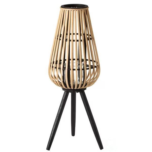Indoor and Outdoor Modern Natural Bamboo Decorative Lantern with Black Stand and Glass Candle Holder, Vintiquewise, Mfr#: QI004165