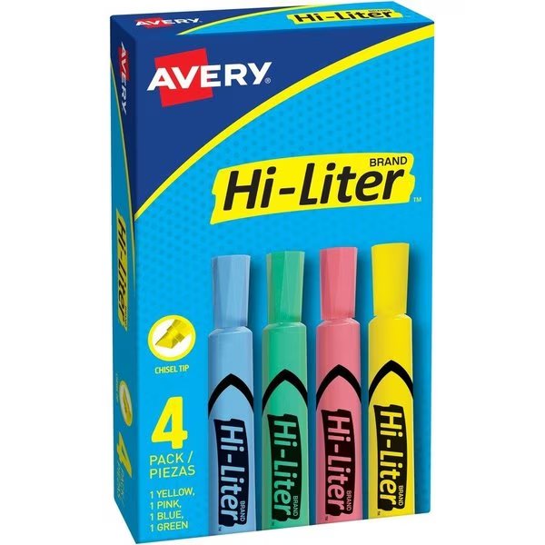 Desk Style Highlighter, Chisel Pt, 4-Color Set, 4/BX, AST 4PK, Avery, Mfr#: AVE17752