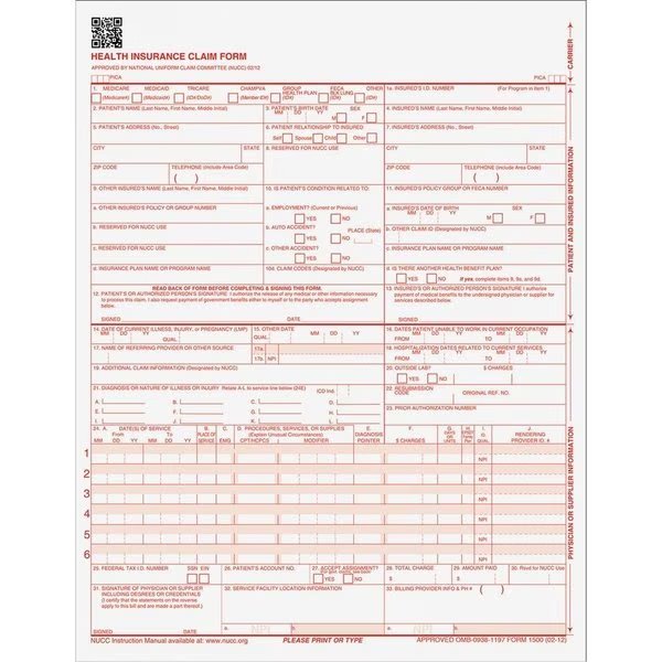 Laser Printer Claim Forms, CMS-1500, 1-Part, 9-1/2